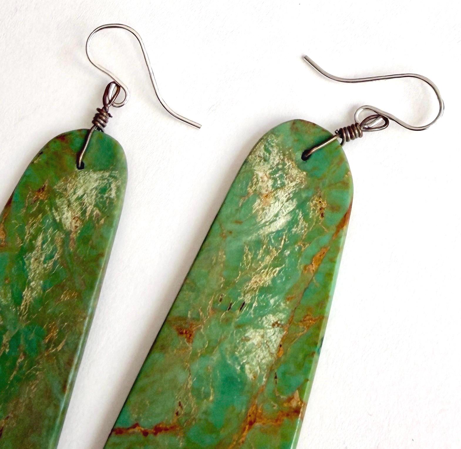 Vintage Green Turquoise Slab Earrings 2.75" Drop Native American Santo Domingo