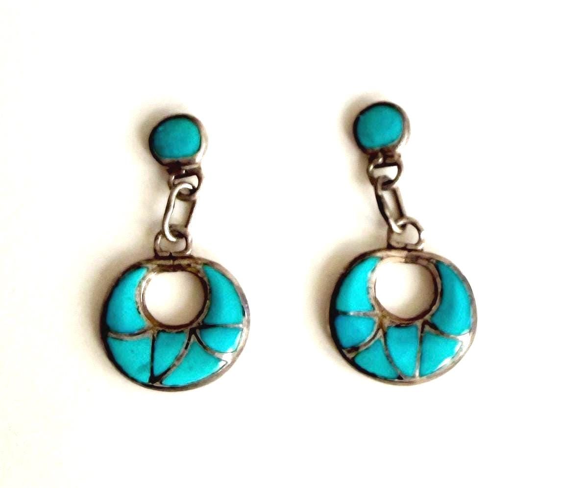 Vintage Zuni Turquoise Earrings Signed Handmade Sterling Silver Flush Mosaic Inlay Stones