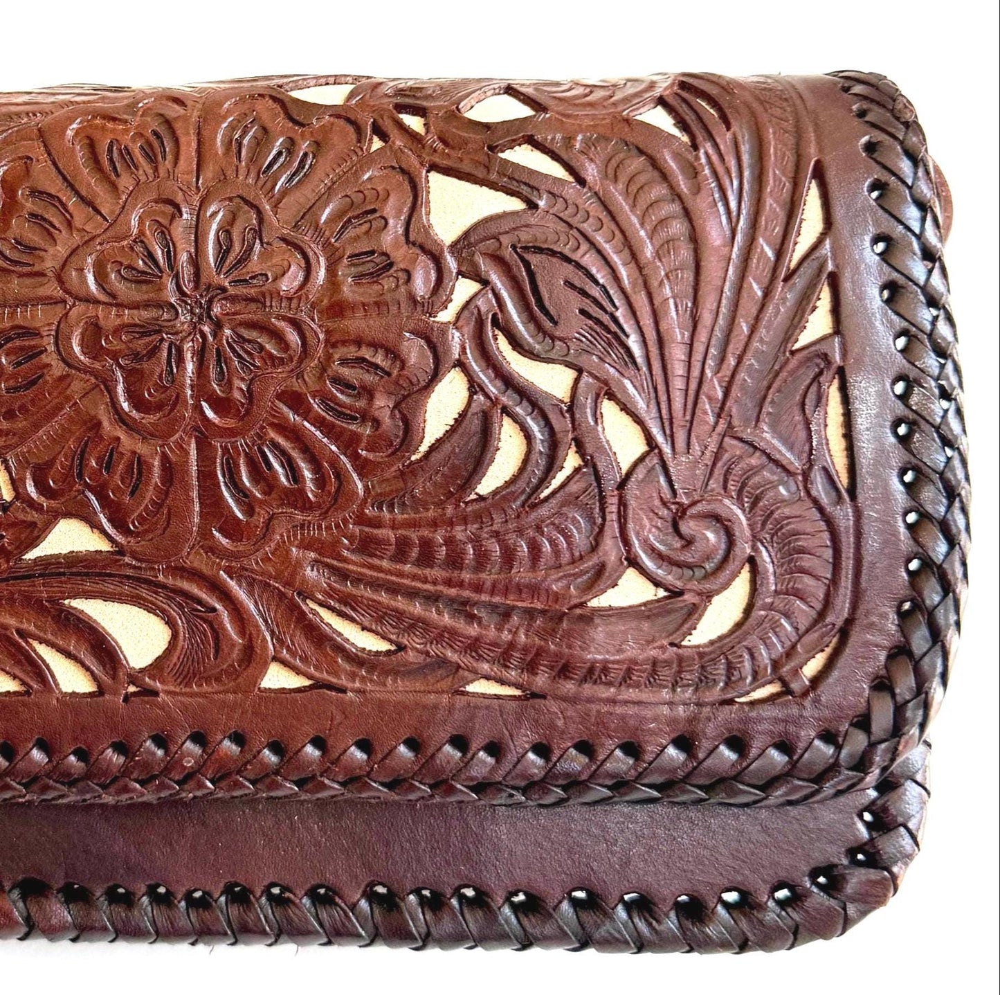 Vintage Floral Tooled Leather Bag Handmade in Mexico by Alcala