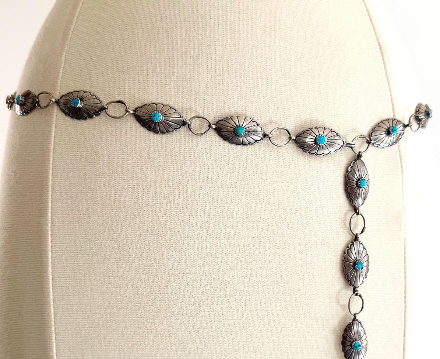 Vintage Sterling Silver Turquoise Concho Belt Native American Navajo Handcrafted