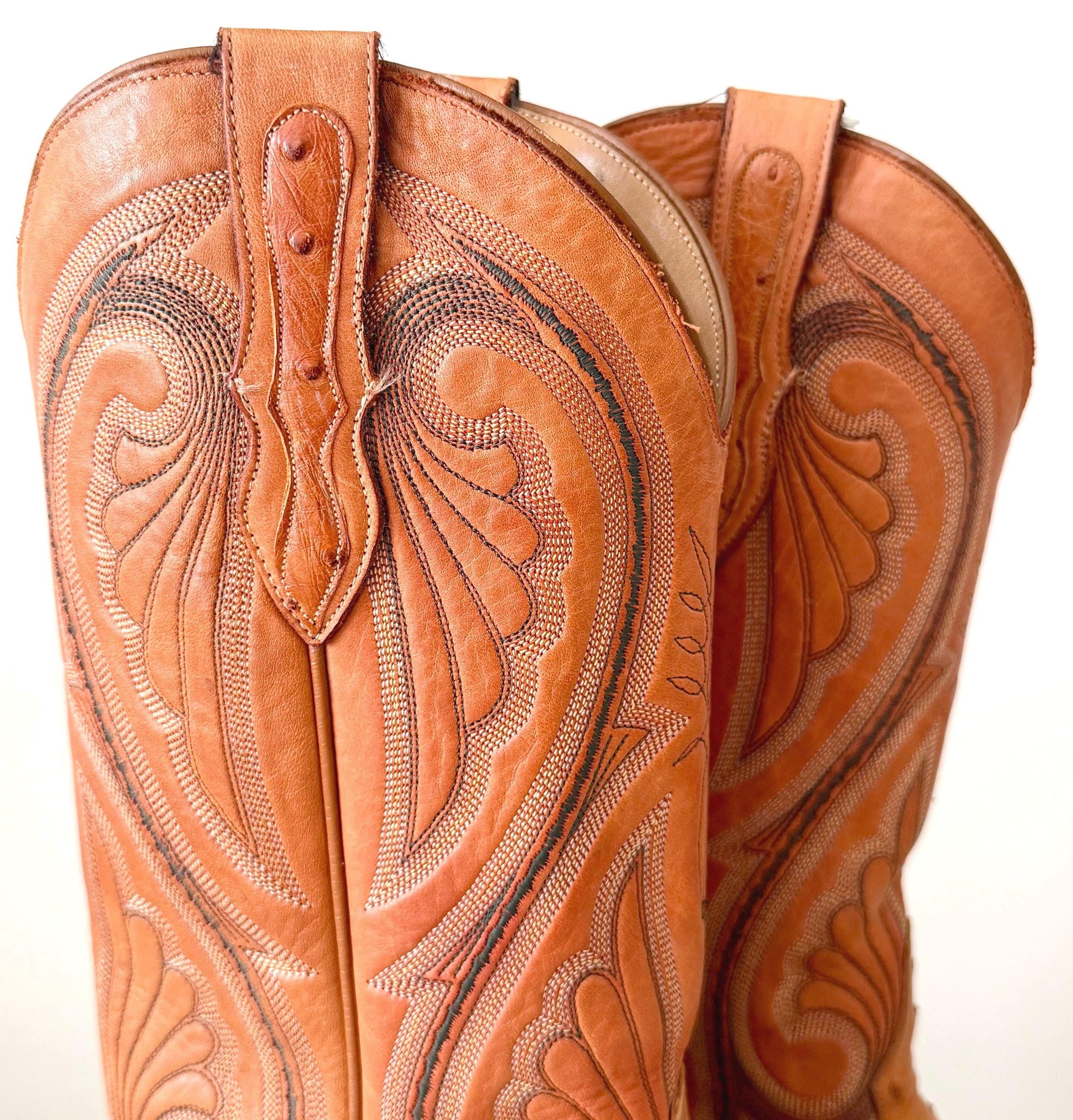 Vintage Larry Mahan Western Cowboy Boots Tan Brown Full Ostrich Quill and Leather
