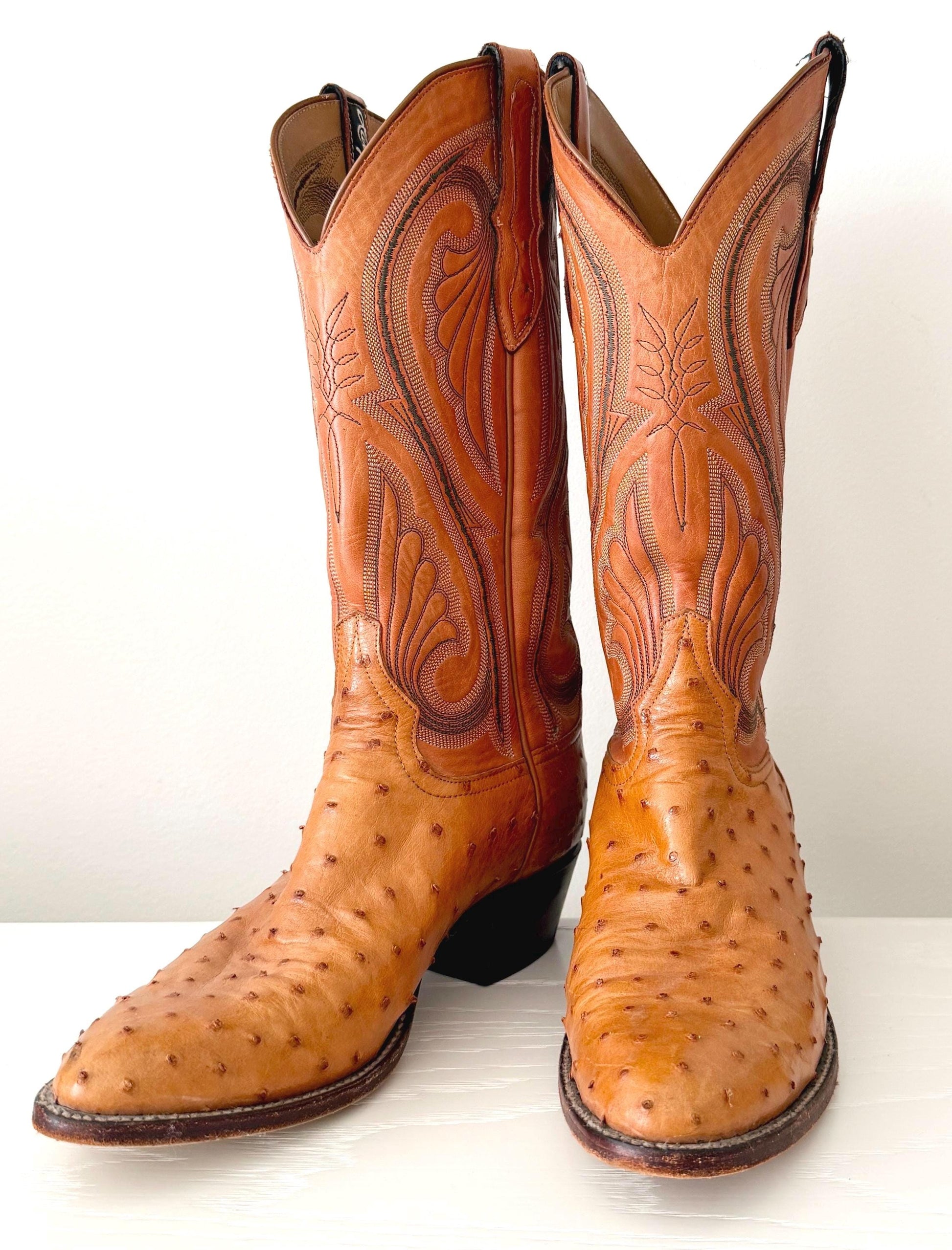 Vintage Larry Mahan Western Cowboy Boots Tan Brown Full Ostrich Quill and Leather