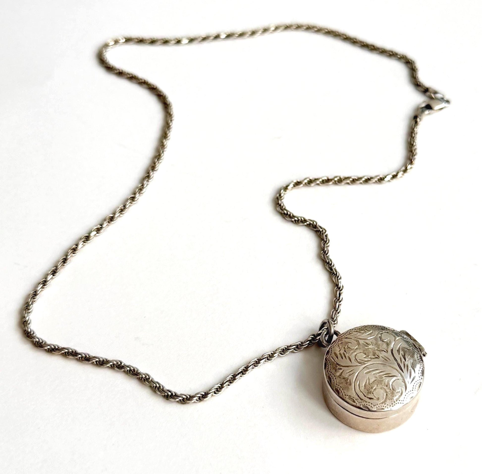 Vintage Locket Perfume Vial Pendant Necklace Vintage Heirloom Jewelry Brass Oval Locket Sterling Silver Ribbed Perfume Bottle Etched Box